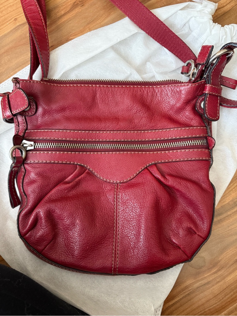 Fossil Red Leather Crossbody with Front Zip Detail